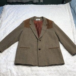 Vintage Dumas Tweed Jacket Blazer Tan Brown Suede Shoulder Patches No Size Tag